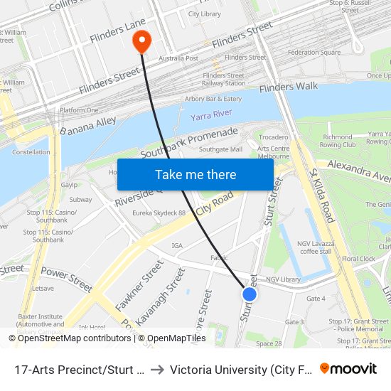 17-Arts Precinct/Sturt St (Southbank) to Victoria University (City Flinders Campus) map