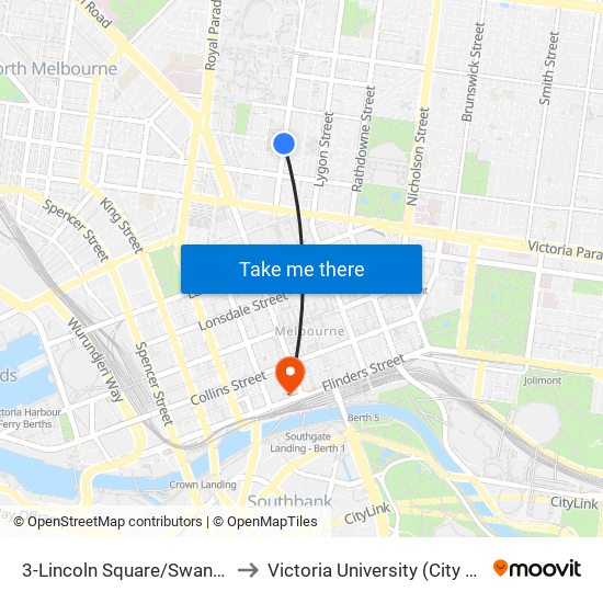 3-Lincoln Square/Swanston St (Carlton) to Victoria University (City Flinders Campus) map