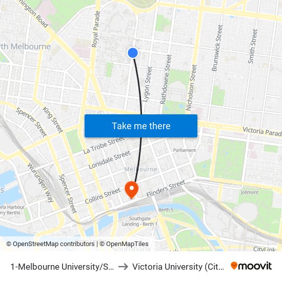 1-Melbourne University/Swanston St (Carlton) to Victoria University (City Flinders Campus) map