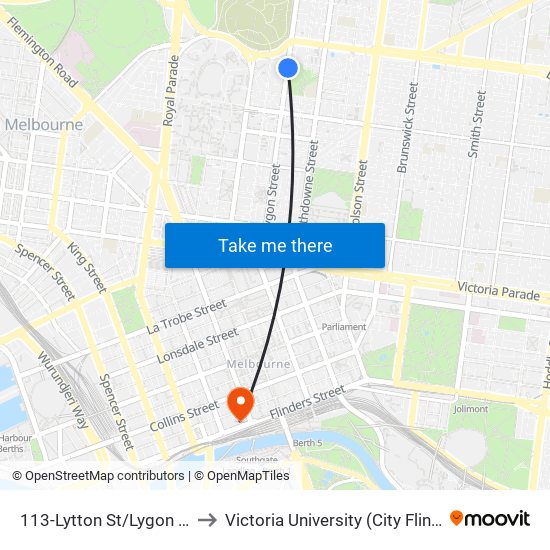 113-Lytton St/Lygon St (Carlton) to Victoria University (City Flinders Campus) map