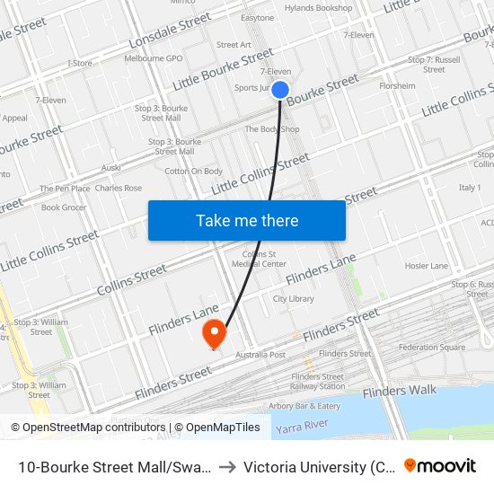10-Bourke Street Mall/Swanston St (Melbourne City) to Victoria University (City Flinders Campus) map