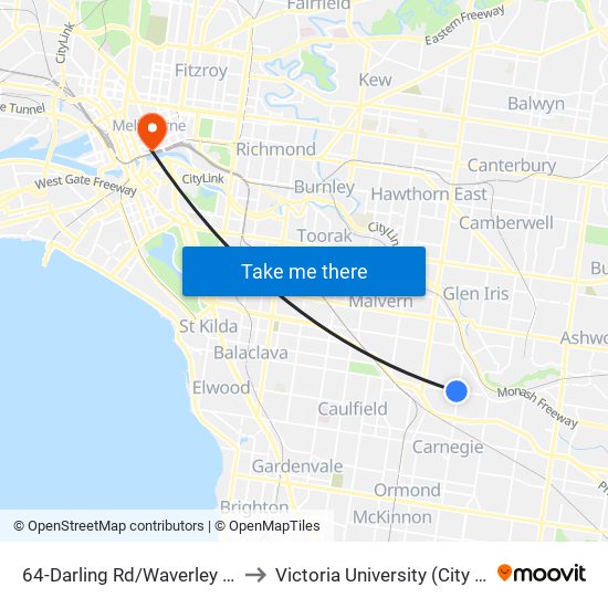 64-Darling Rd/Waverley Rd (Malvern East) to Victoria University (City Flinders Campus) map