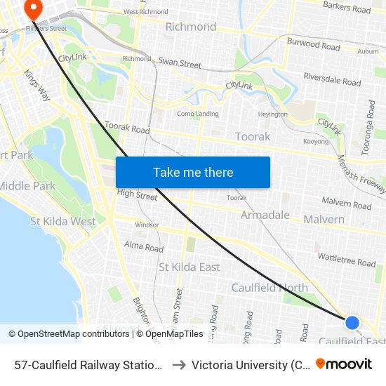 57-Caulfield Railway Station/Derby Rd (Caulfield East) to Victoria University (City Flinders Campus) map