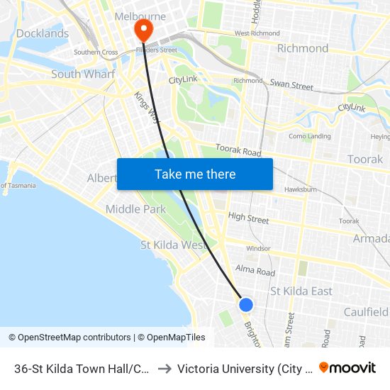 36-St Kilda Town Hall/Carlisle St (St Kilda) to Victoria University (City Flinders Campus) map