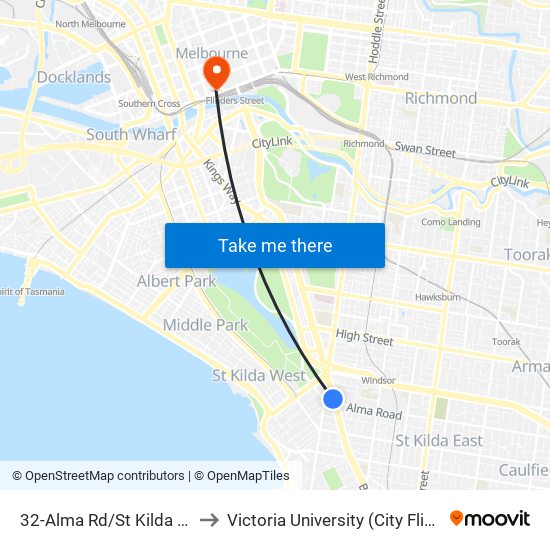 32-Alma Rd/St Kilda Rd (St Kilda) to Victoria University (City Flinders Campus) map