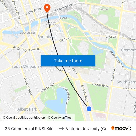 25-Commercial Rd/St Kilda Rd (South Melbourne) to Victoria University (City Flinders Campus) map