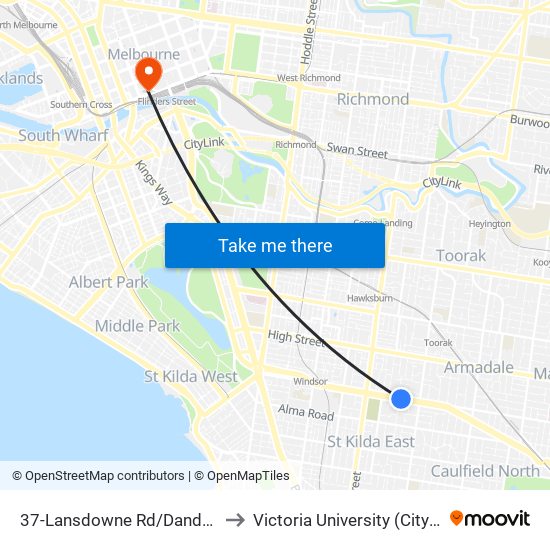 37-Lansdowne Rd/Dandenong Rd (Prahran) to Victoria University (City Flinders Campus) map