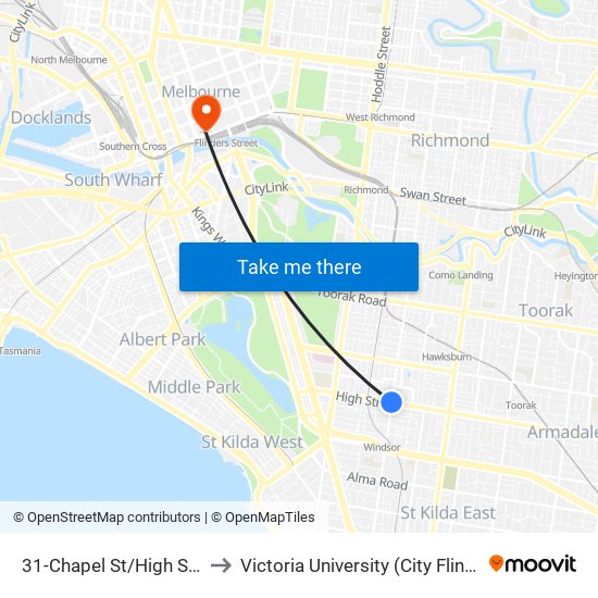 31-Chapel St/High St (Prahran) to Victoria University (City Flinders Campus) map