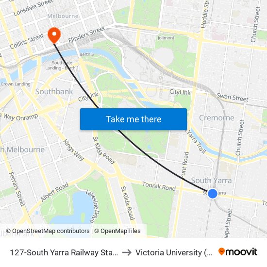 127-South Yarra Railway Station/Toorak Rd (South Yarra) to Victoria University (City Flinders Campus) map