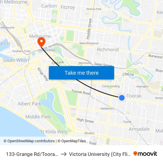 133-Grange Rd/Toorak Rd (Toorak) to Victoria University (City Flinders Campus) map