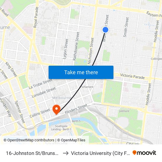 16-Johnston St/Brunswick St (Fitzroy) to Victoria University (City Flinders Campus) map