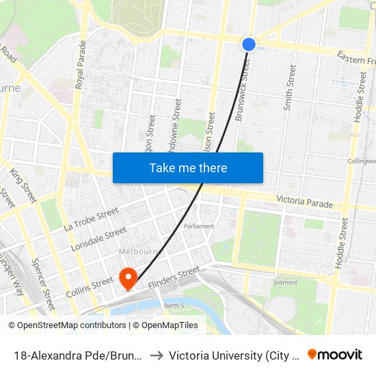 18-Alexandra Pde/Brunswick St (Fitzroy) to Victoria University (City Flinders Campus) map