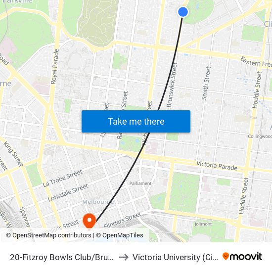 20-Fitzroy Bowls Club/Brunswick St (Fitzroy North) to Victoria University (City Flinders Campus) map