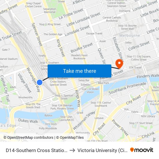 D14-Southern Cross Station/Collins St (Docklands) to Victoria University (City Flinders Campus) map