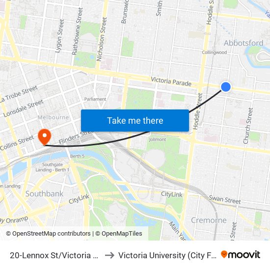20-Lennox St/Victoria St (Abbotsford) to Victoria University (City Flinders Campus) map
