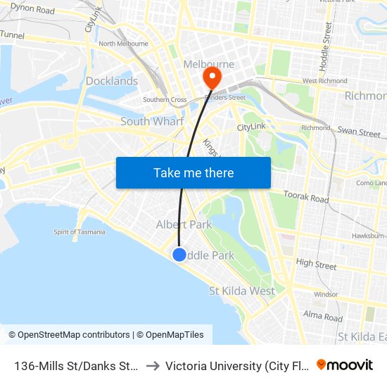 136-Mills St/Danks St (Middle Park) to Victoria University (City Flinders Campus) map