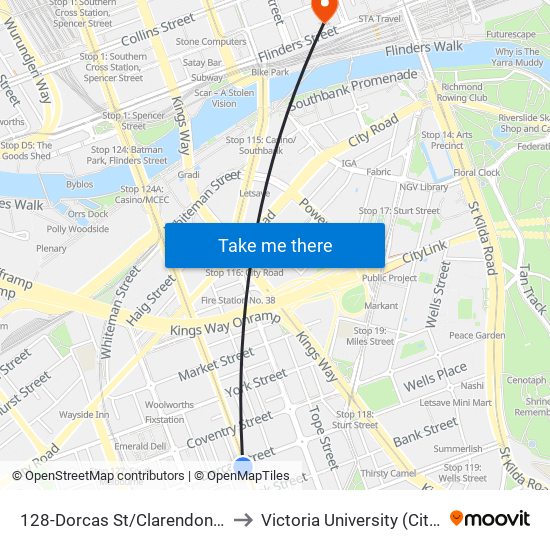 128-Dorcas St/Clarendon St (South Melbourne) to Victoria University (City Flinders Campus) map