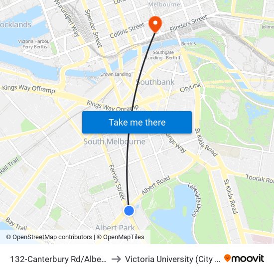 132-Canterbury Rd/Albert Rd (Albert Park) to Victoria University (City Flinders Campus) map