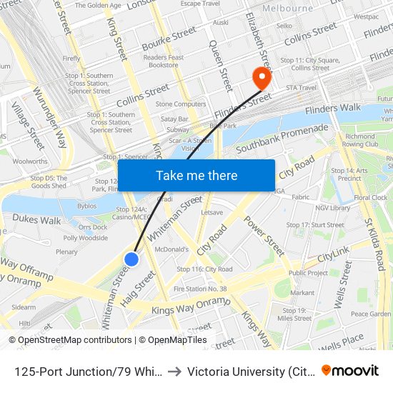 125-Port Junction/79 Whiteman St (Southbank) to Victoria University (City Flinders Campus) map