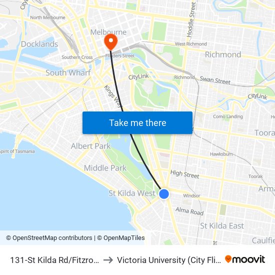 131-St Kilda Rd/Fitzroy St (St Kilda) to Victoria University (City Flinders Campus) map