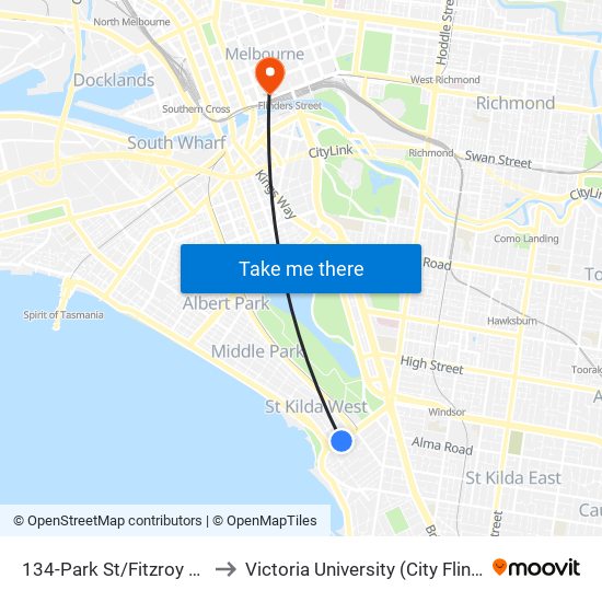 134-Park St/Fitzroy St (St Kilda) to Victoria University (City Flinders Campus) map