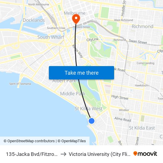 135-Jacka Bvd/Fitzroy St (St Kilda) to Victoria University (City Flinders Campus) map