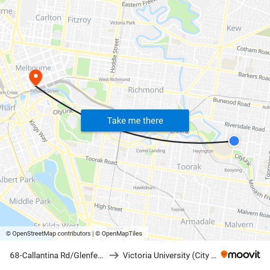68-Callantina Rd/Glenferrie Rd (Hawthorn) to Victoria University (City Flinders Campus) map