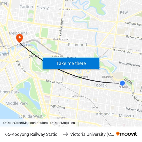 65-Kooyong Railway Station/Glenferrie Rd (Kooyong) to Victoria University (City Flinders Campus) map