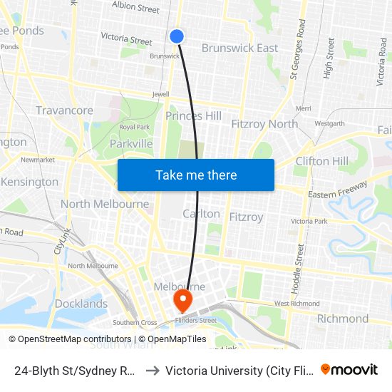 24-Blyth St/Sydney Rd (Brunswick) to Victoria University (City Flinders Campus) map