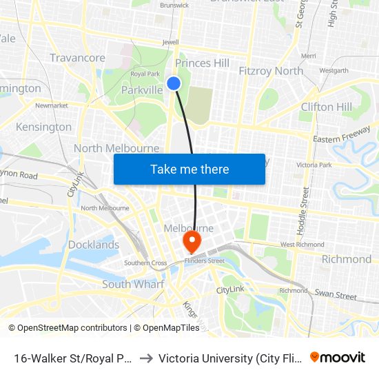 16-Walker St/Royal Pde (Parkville) to Victoria University (City Flinders Campus) map