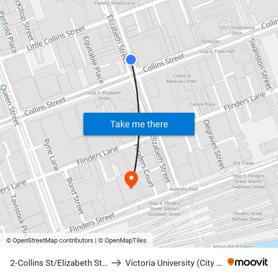 2-Collins St/Elizabeth St (Melbourne City) to Victoria University (City Flinders Campus) map