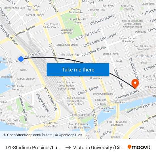 D1-Stadium Precinct/La Trobe St (Docklands) to Victoria University (City Flinders Campus) map