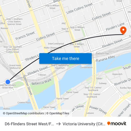 D6-Flinders Street West/Flinders St (Docklands) to Victoria University (City Flinders Campus) map