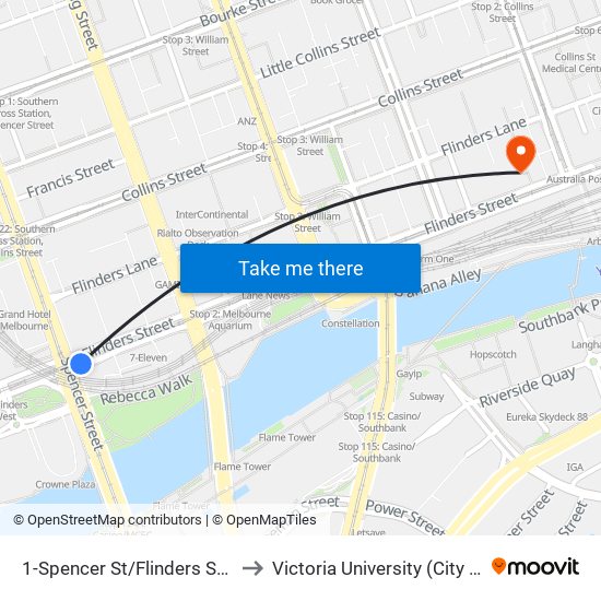 1-Spencer St/Flinders St (Melbourne City) to Victoria University (City Flinders Campus) map