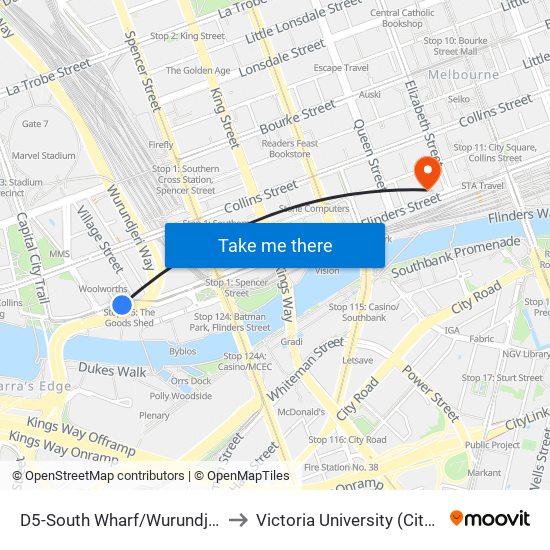 D5-South Wharf/Wurundjeri Way (Docklands) to Victoria University (City Flinders Campus) map