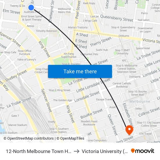 12-North Melbourne Town Hall/Errol St (North Melbourne) to Victoria University (City Flinders Campus) map