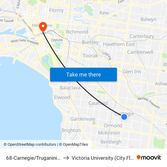 68-Carnegie/Truganini Rd (Carnegie) to Victoria University (City Flinders Campus) map