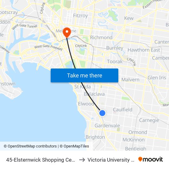 45-Elsternwick Shopping Centre/Glenhuntly Rd (Elsternwick) to Victoria University (City Flinders Campus) map