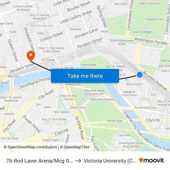 7b-Rod Laver Arena/Mcg Gates 1-3 (Melbourne City) to Victoria University (City Flinders Campus) map