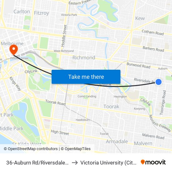 36-Auburn Rd/Riversdale Rd (Hawthorn East) to Victoria University (City Flinders Campus) map