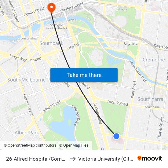 26-Alfred Hospital/Commercial Rd (Prahran) to Victoria University (City Flinders Campus) map