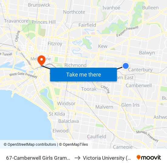 67-Camberwell Girls Grammar/Burke Rd (Canterbury) to Victoria University (City Flinders Campus) map