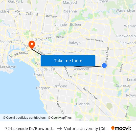 72-Lakeside Dr/Burwood Hwy (Burwood East) to Victoria University (City Flinders Campus) map