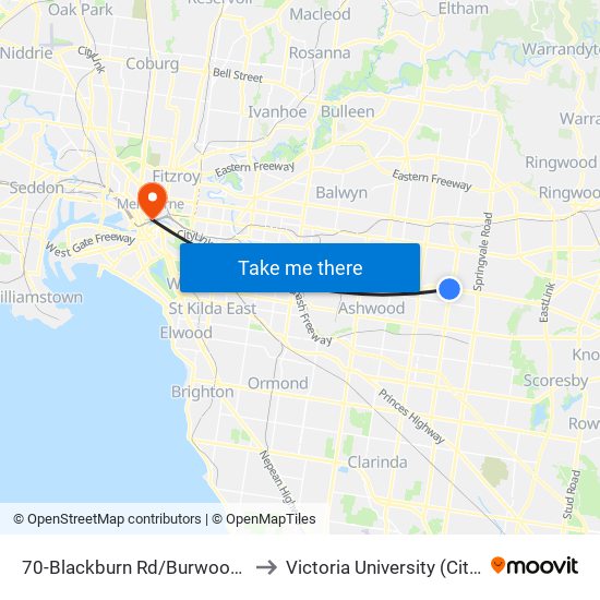 70-Blackburn Rd/Burwood Hwy (Burwood East) to Victoria University (City Flinders Campus) map