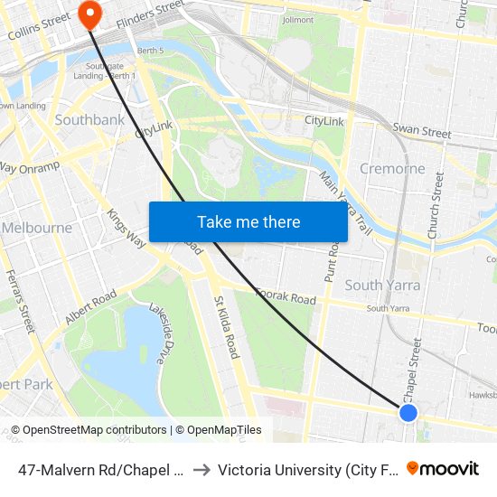 47-Malvern Rd/Chapel St (South Yarra) to Victoria University (City Flinders Campus) map