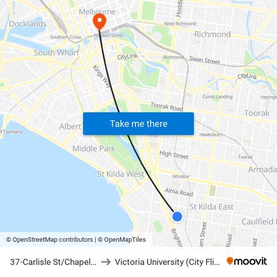 37-Carlisle St/Chapel St (St Kilda) to Victoria University (City Flinders Campus) map