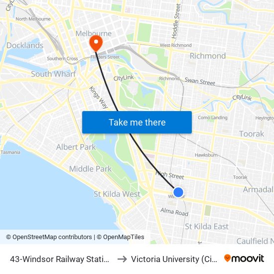 43-Windsor Railway Station/Chapel St (Windsor) to Victoria University (City Flinders Campus) map