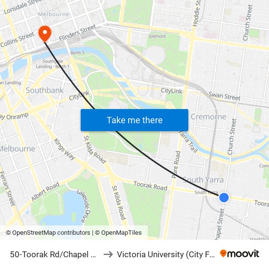 50-Toorak Rd/Chapel St (South Yarra) to Victoria University (City Flinders Campus) map