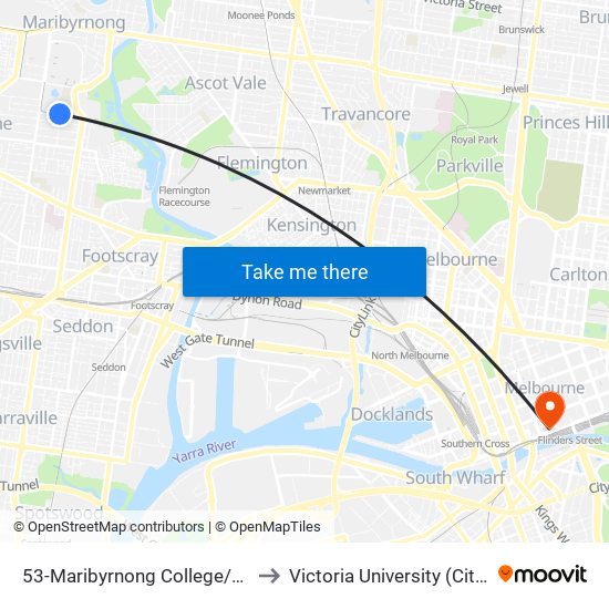 53-Maribyrnong College/River St (Maribyrnong) to Victoria University (City Flinders Campus) map