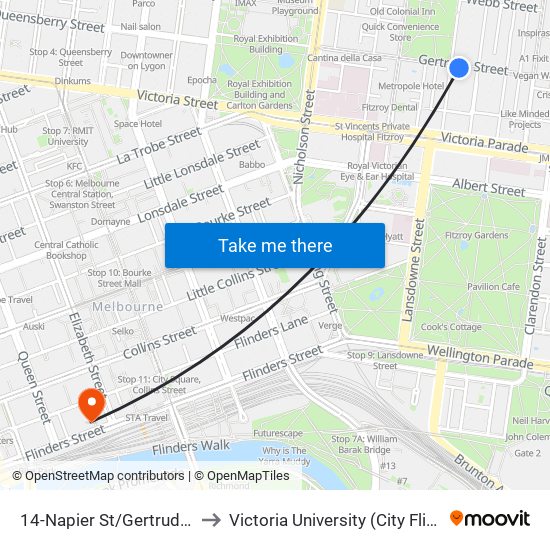 14-Napier St/Gertrude St (Fitzroy) to Victoria University (City Flinders Campus) map